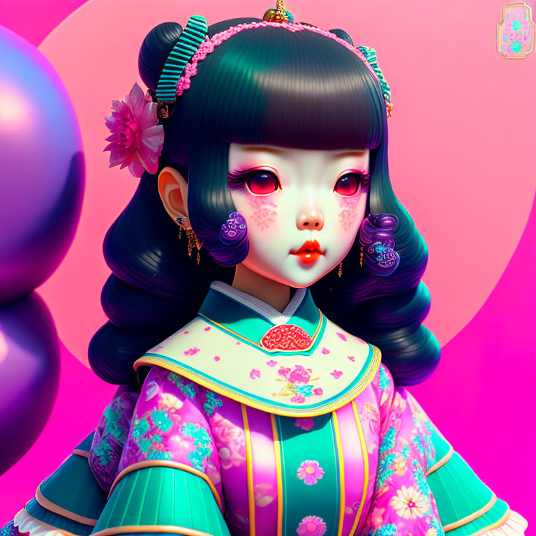 Colorful Traditional Outfit Girl Artwork on Pink Background