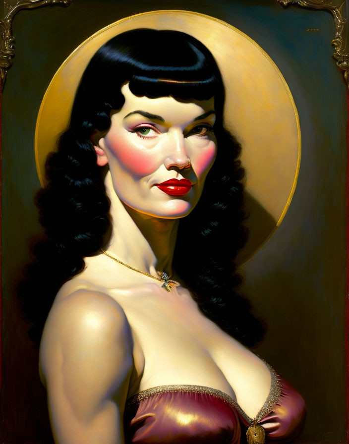 Stylized portrait of a confident woman with golden halo, black hair, red lips, and red