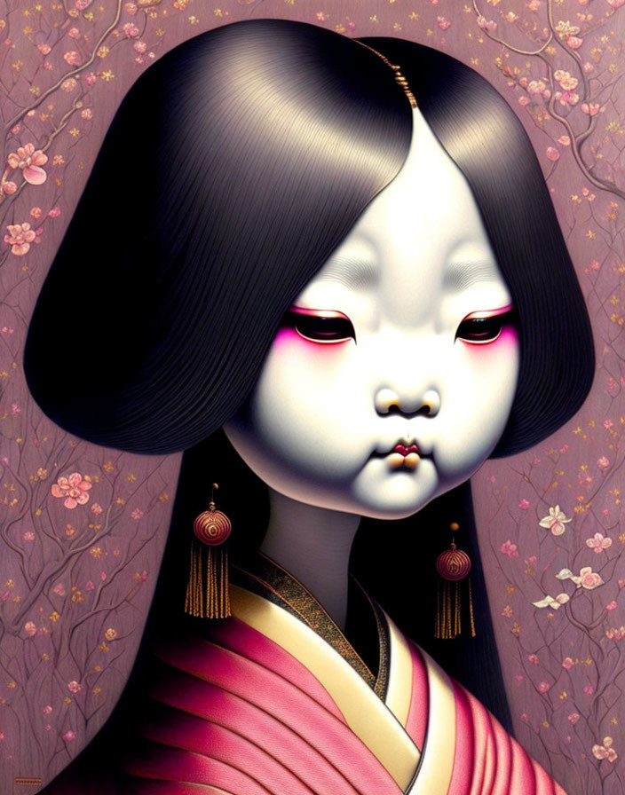 Stylized female illustration with black hair, pink eyeshadow, gold earrings, pink kimono