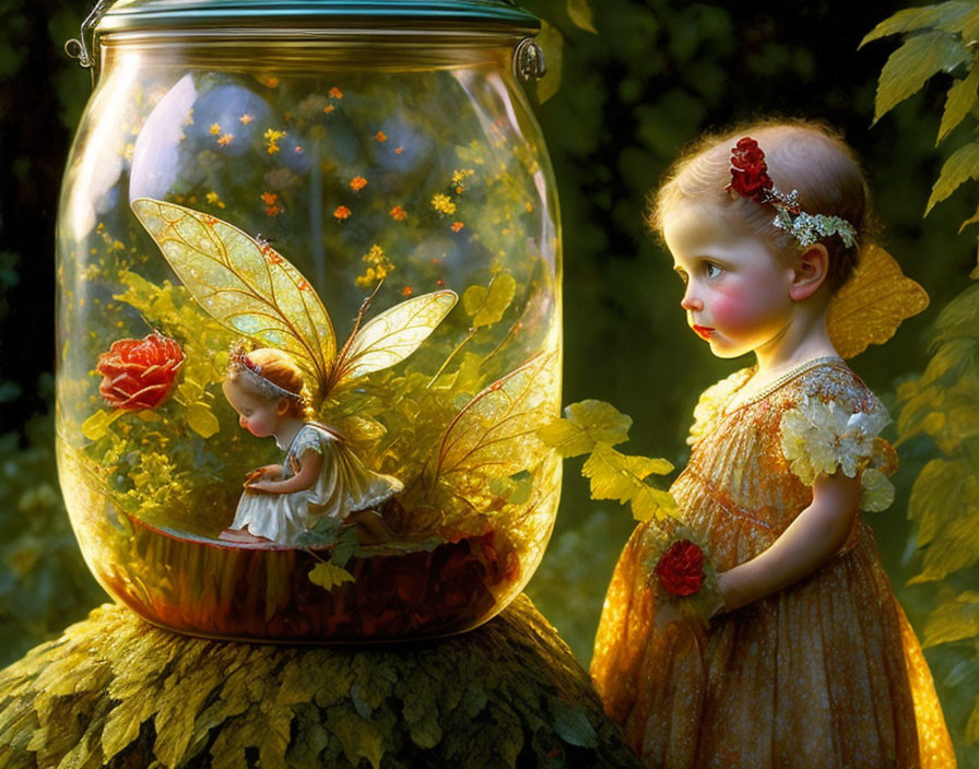 Child observing glowing fairy in jar surrounded by flowers and wings in magical scene