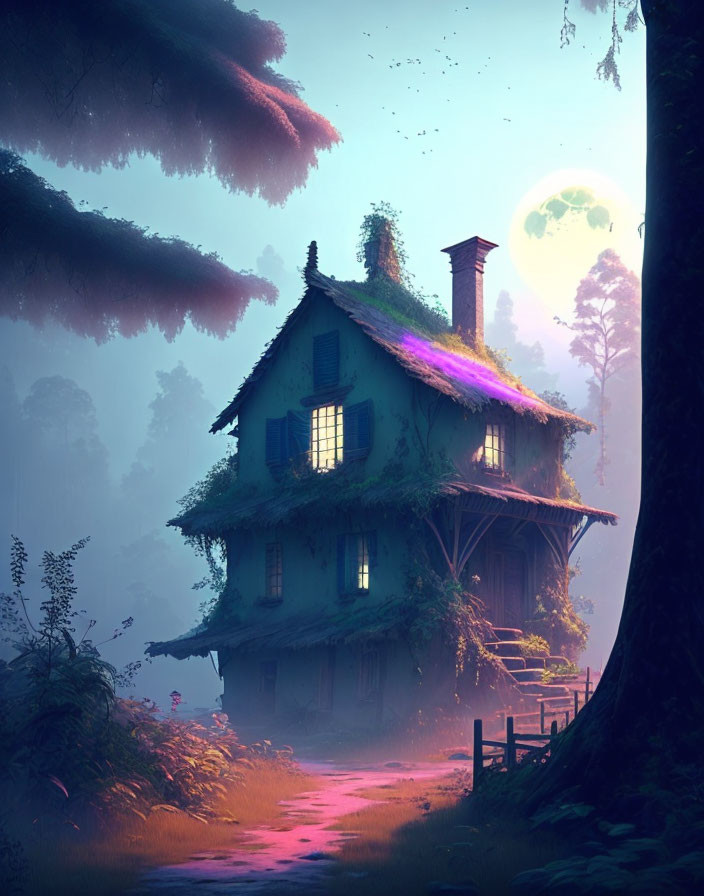 Cozy two-story cottage in mystical forest glade at night