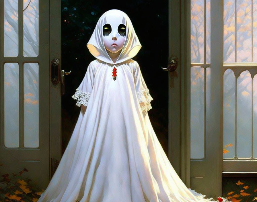 Child in White Ghost Costume Standing by Glass Doors with Autumn Leaves