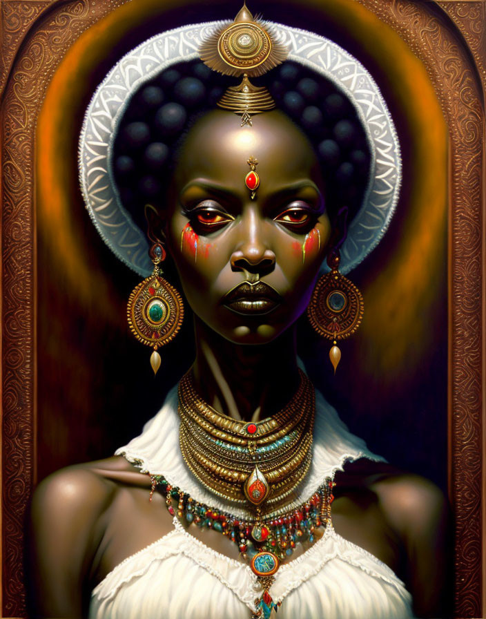 Elaborate ethnic jewelry and ornate headdress on regal woman portrait