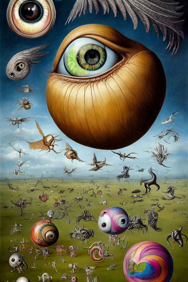 Surreal art: Multiple eyes above whimsical landscape