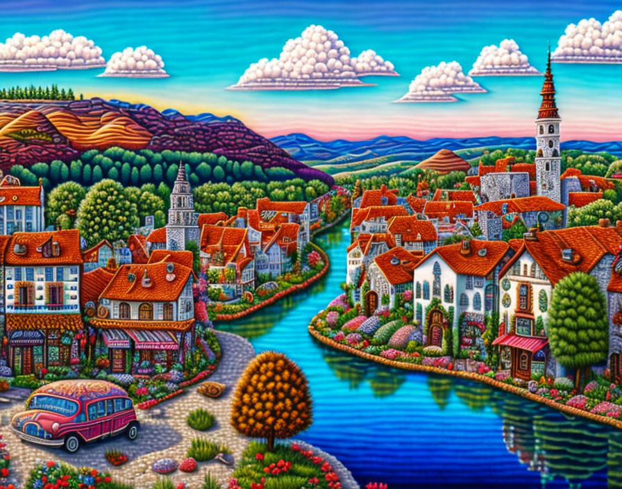 Colorful Artwork: Quaint Village by River, Blue Bus, Lush Hills