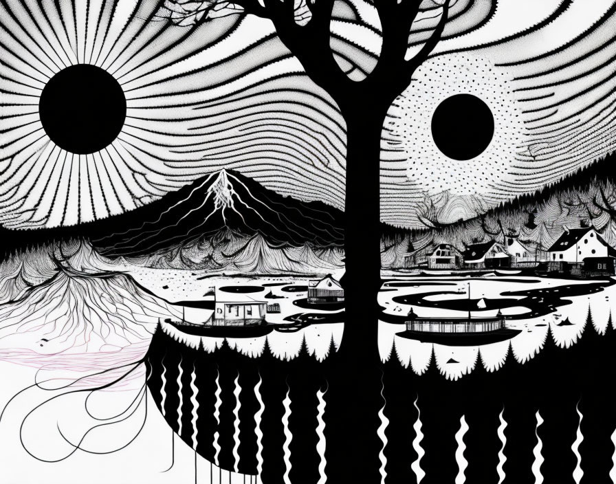 Monochrome surreal landscape with dual suns, optical illusions, and snow-capped mountain