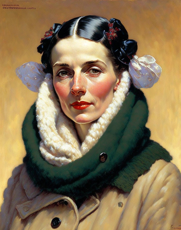 Serene woman portrait in cream coat with red lipstick