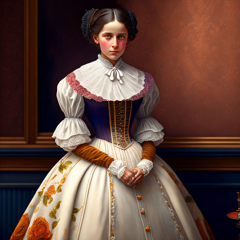 Historic attire digital portrait of a woman in blue blouse and cream skirt