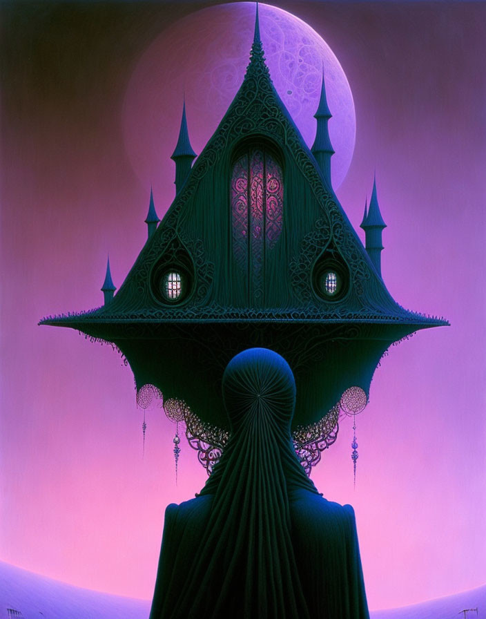 Surreal illustration: cloaked figure with ornate headpiece against eerie architecture & large moon