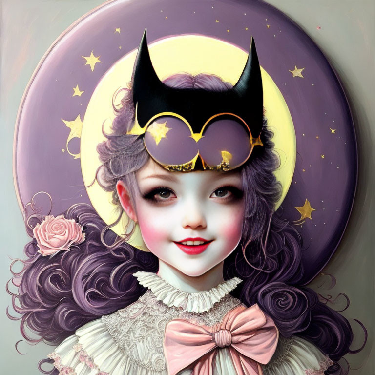 Illustration of girl with purple hair, golden bat glasses, pink bow, against moon backdrop