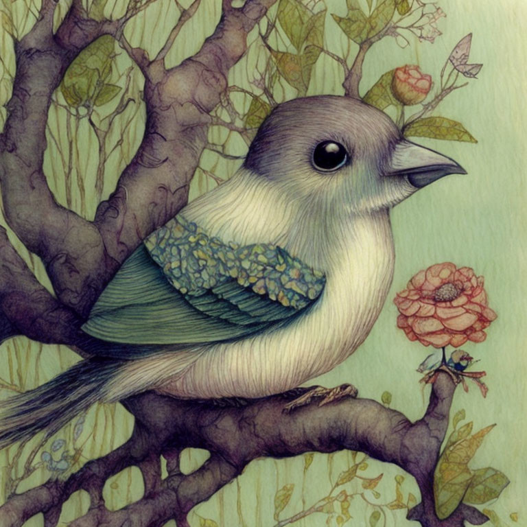 Stylized bird on branch with gentle expression among blossoms