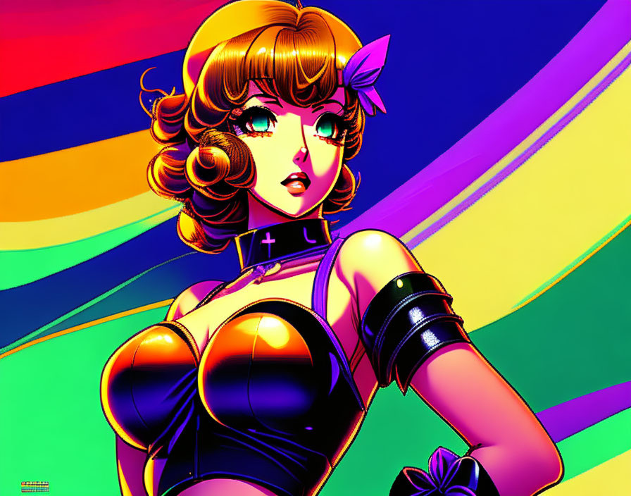 Woman in retro-futuristic attire on vibrant rainbow backdrop