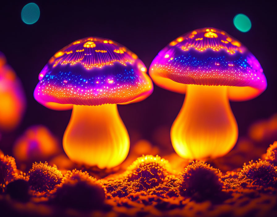 Vibrant glowing mushrooms with neon dots and stars on dark background