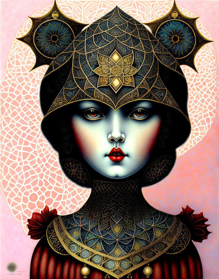 Stylized portrait with pale skin, blue eyes, red lips, and golden headdress.