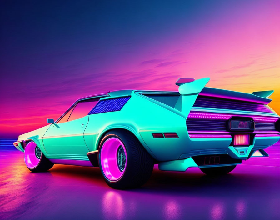 Classic Sports Car with Neon Underglow on Pink and Purple Gradient Background