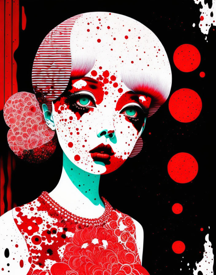 Stylized female figure with white skin and red dotted patterns on a red and black background.