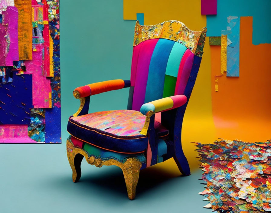 Colorful High-Back Armchair with Gold Detailing and Abstract Art Backdrop