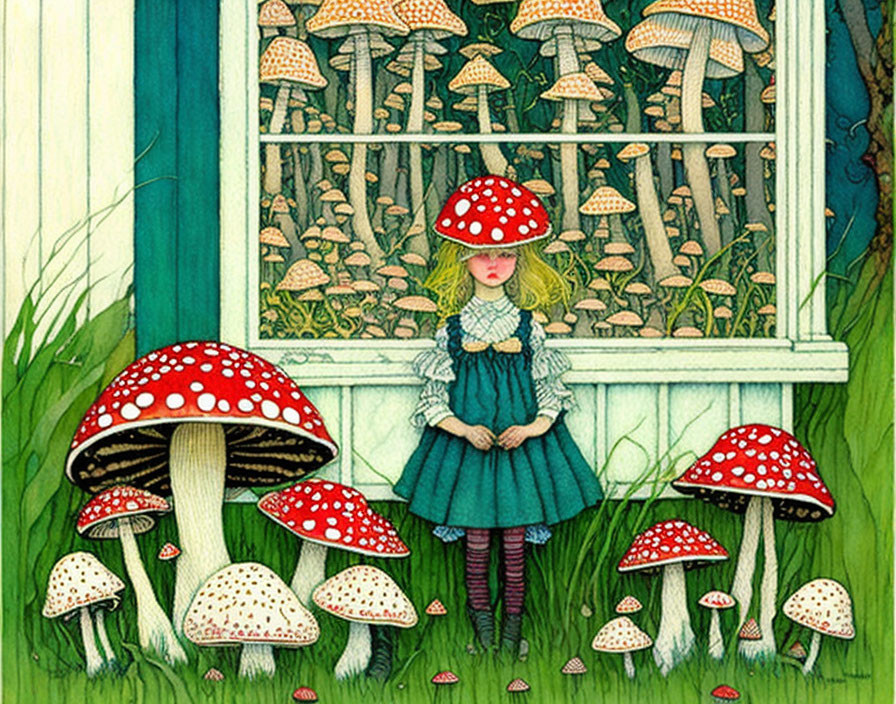 Young girl in vintage dress by oversized red-capped mushrooms and greenery.