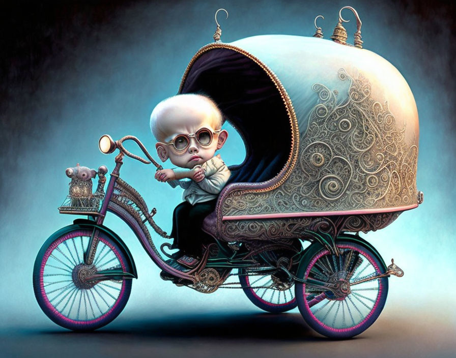 Child with glasses on ornate three-wheeled bike with shell-like carriage and small creature - fantasy