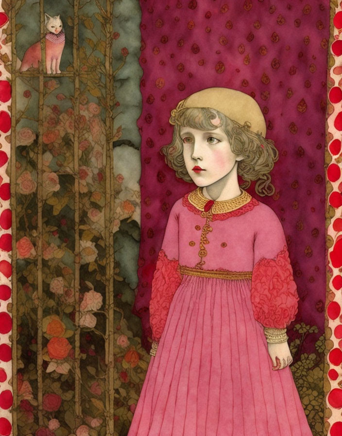 Vintage-style illustration of pensive girl in pink dress and yellow hat, with cat on floral background