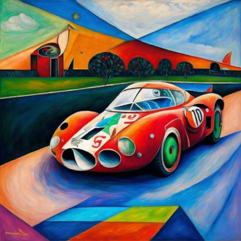 Vibrant red vintage racing car painting with number 10 on abstract geometric landscape