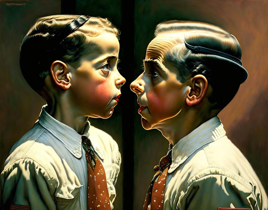 Vintage-Style Paintings: Boy with Slicked Hair and Surprised Expression Mirroring His