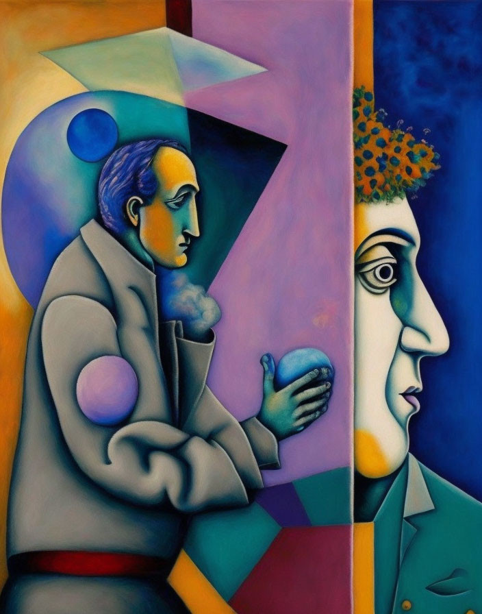 Colorful Abstract Painting of Two Stylized Figures in Cubist Style