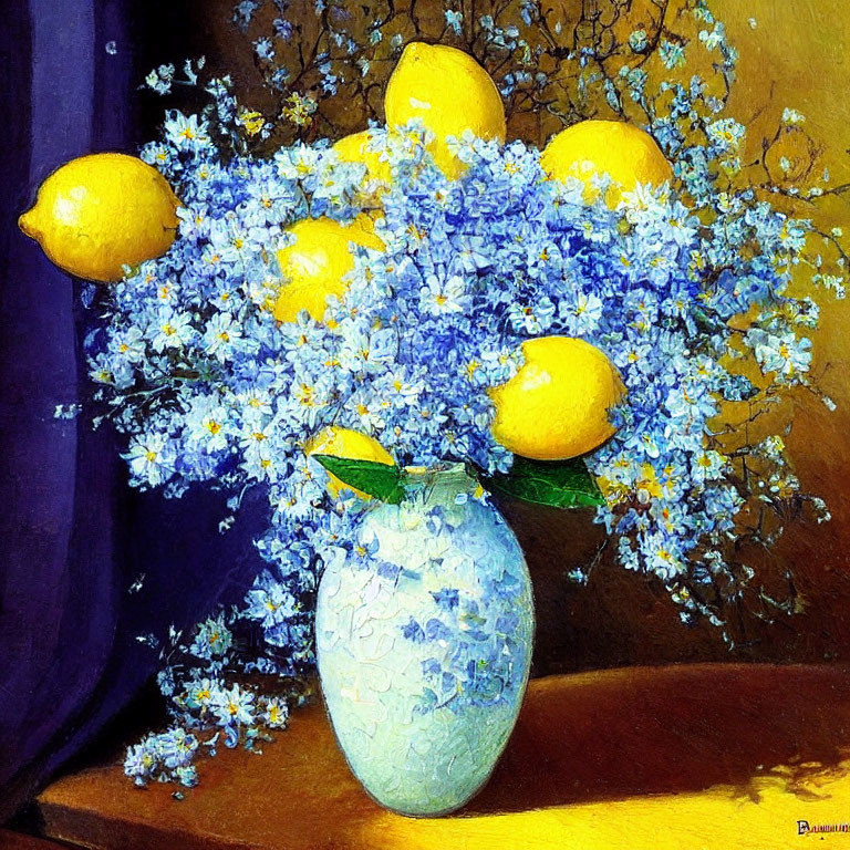 Colorful Still-Life Painting: Lemons and Blue Flowers in Vase