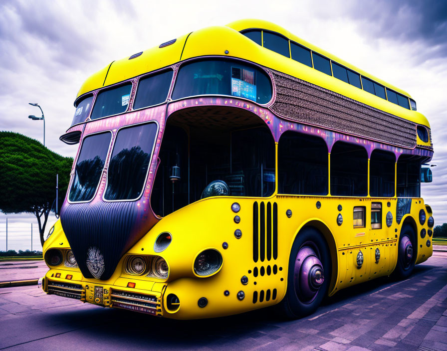 Colorful retro-futuristic double-decker bus under cloudy sky