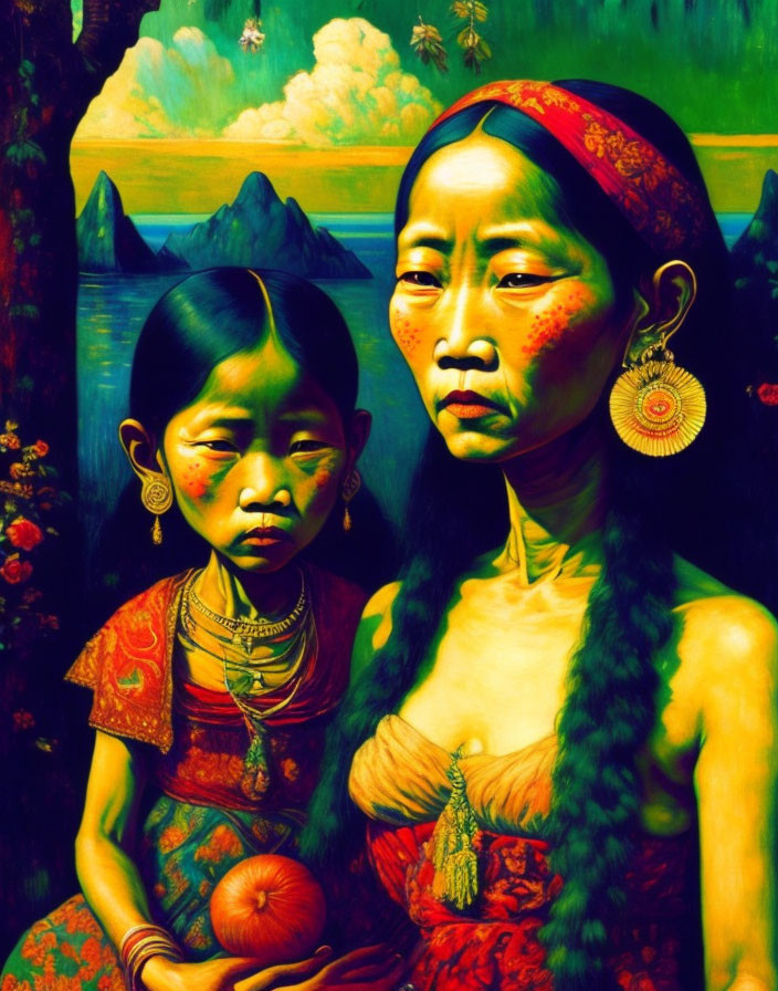 Traditional Attire Woman and Child Painting in Tropical Setting