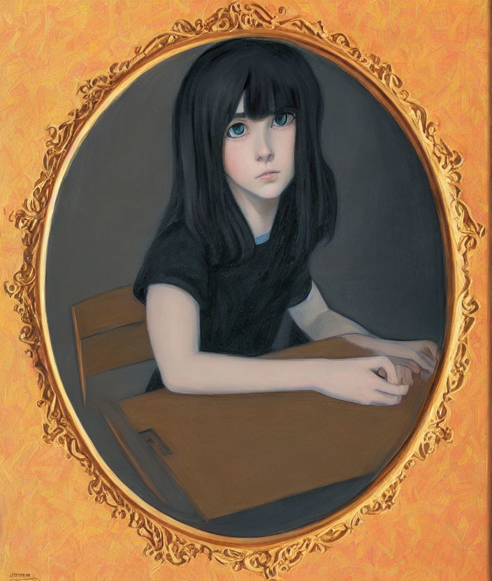 Young girl with expressive blue eyes and long black hair in ornate oval frame