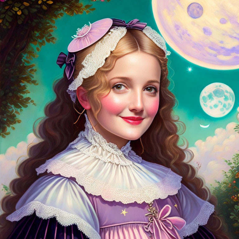 Smiling woman in vintage attire with whimsical moons and forest background