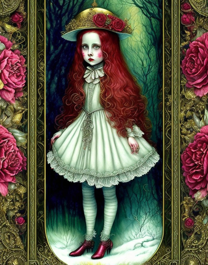 Illustration of young girl with red hair in vintage attire among roses