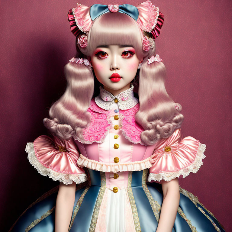 Doll-like character in Rococo dress with large eyes on red background