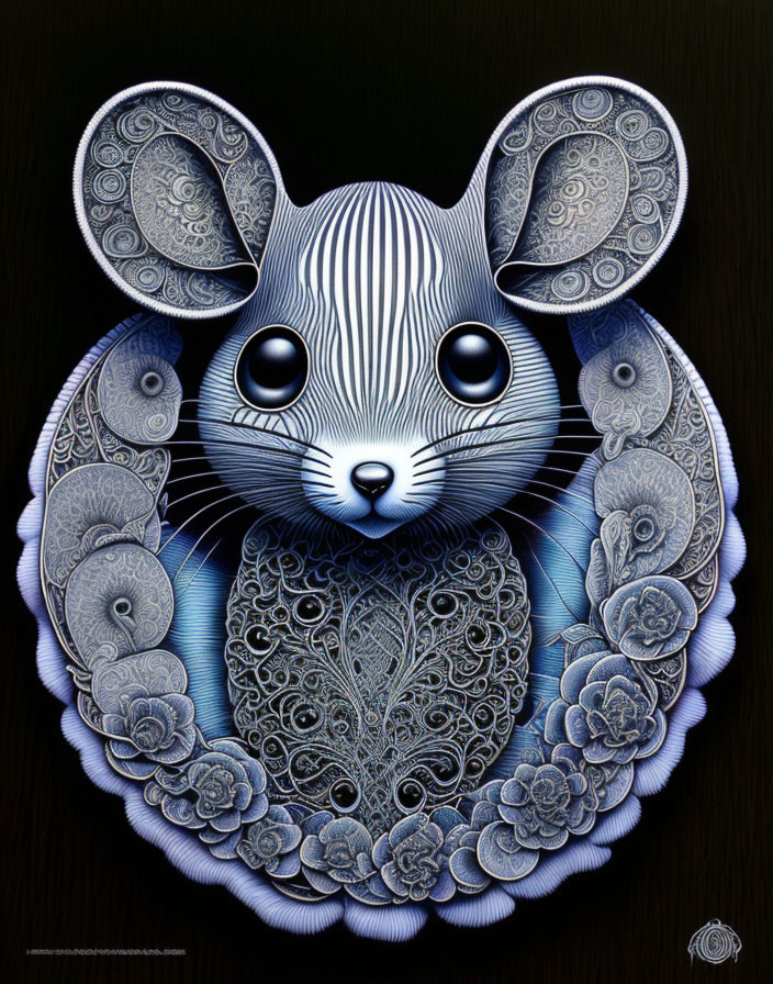 Blue and White Rabbit Art with Ornate Floral Motifs