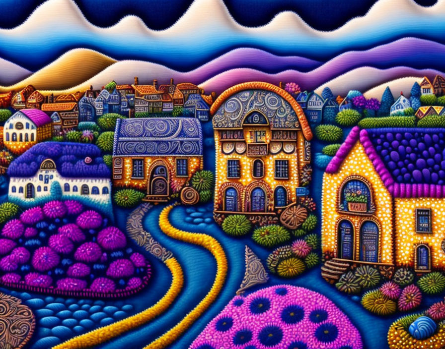 Colorful painting of whimsical village with patterned buildings & meandering river