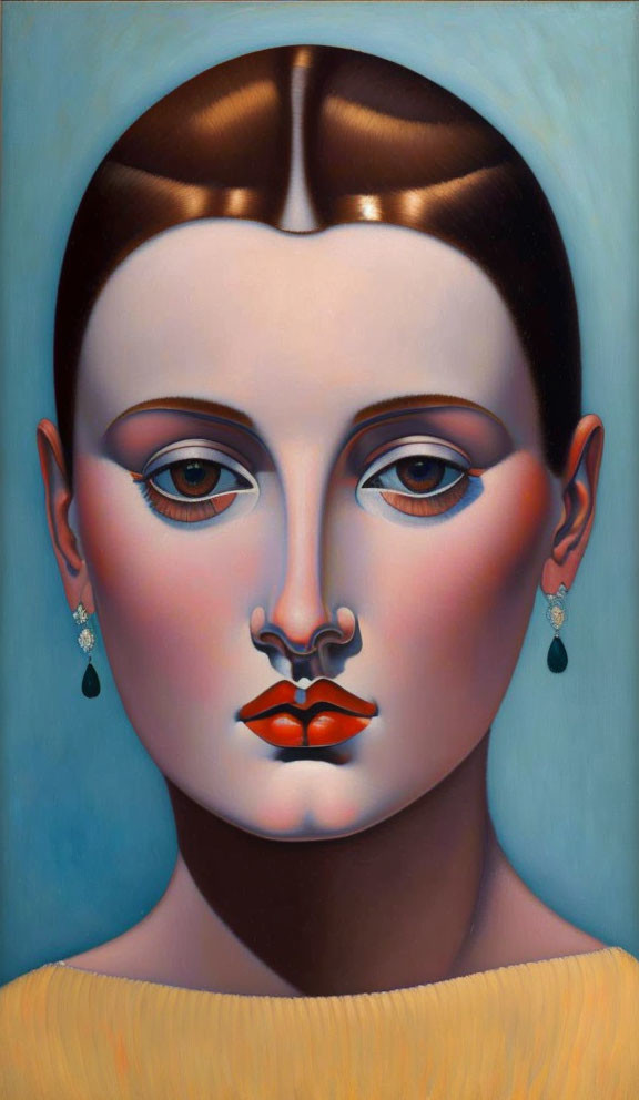 Stylized portrait of woman with red lips, blue backdrop, yellow clothing, and dangling earrings