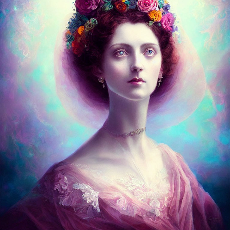 Victorian-style portrait of a woman in floral hat and pink gown