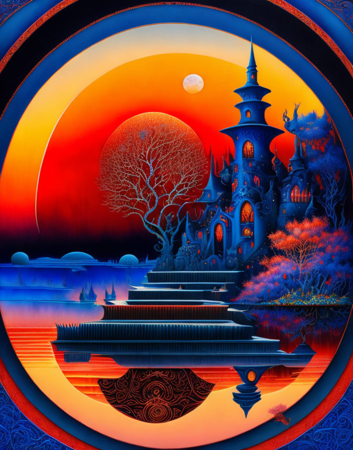 Fantasy artwork of whimsical castle by lake at sunset