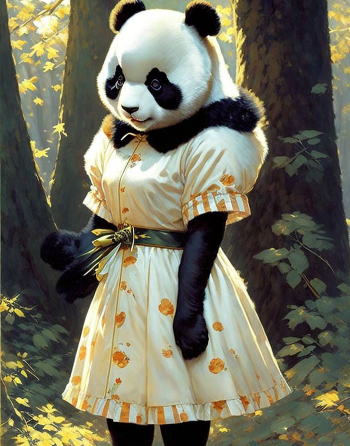 Anthropomorphic panda in dress in forest with sunlight.