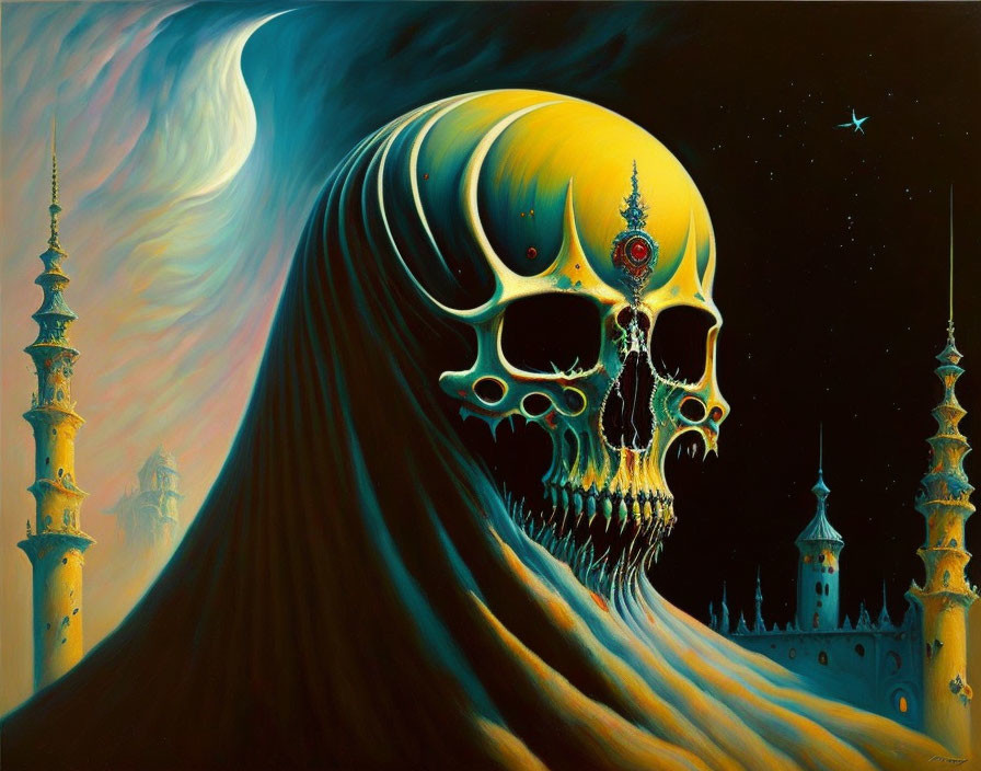 Skull blending into celestial body over ornate towers on starry backdrop