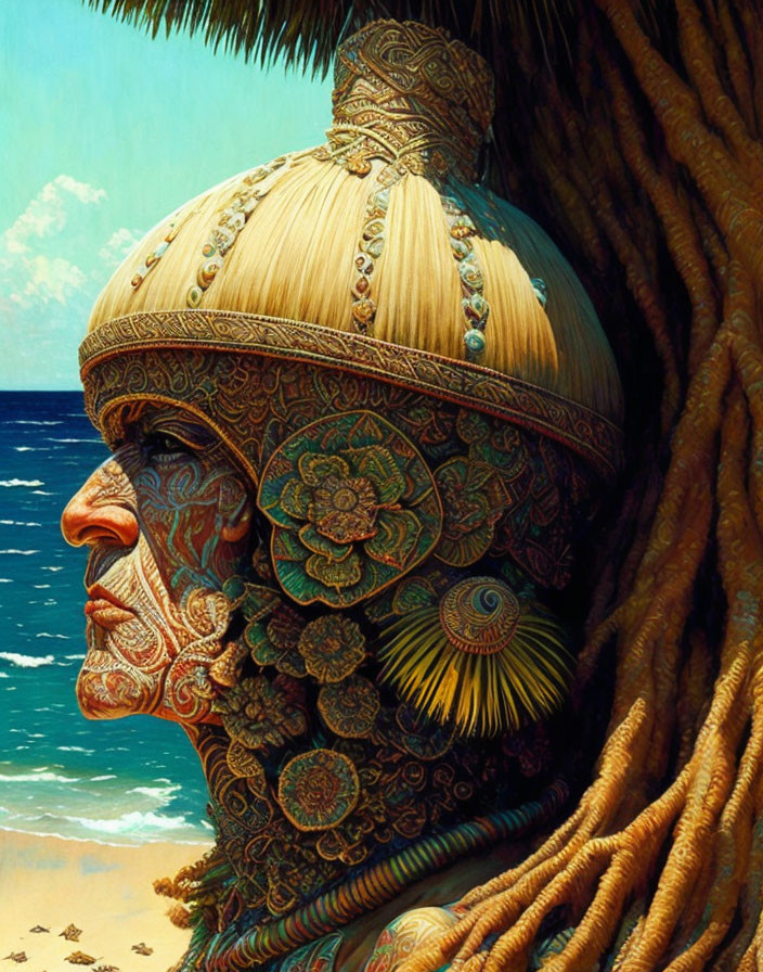 Detailed profile view illustration with ornate helmet on tropical beach with tree roots.