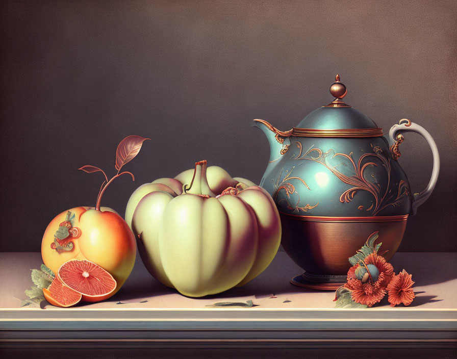 Ornate teapot, citrus fruit, apple sculpture, squash, and flowers on table