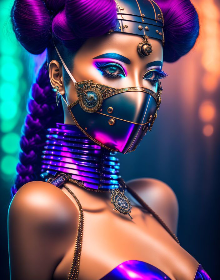 Vibrant cyberpunk woman with metallic mask and gem headpiece