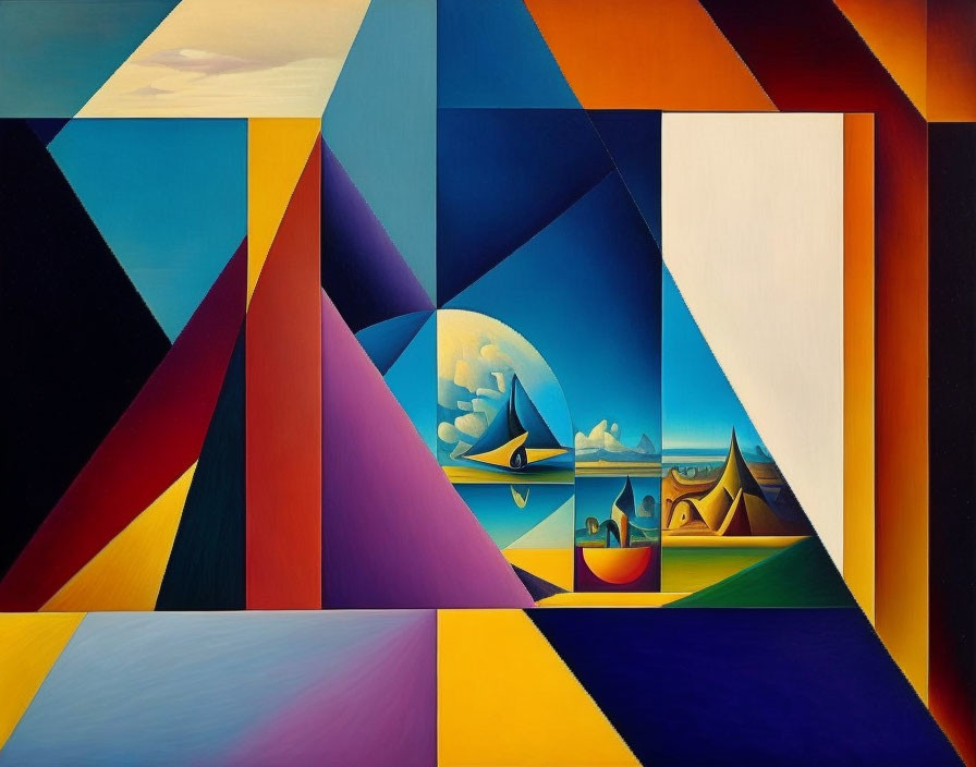 Colorful Geometric Abstract Painting: Surrealist Landscape with Boats and Pyramids