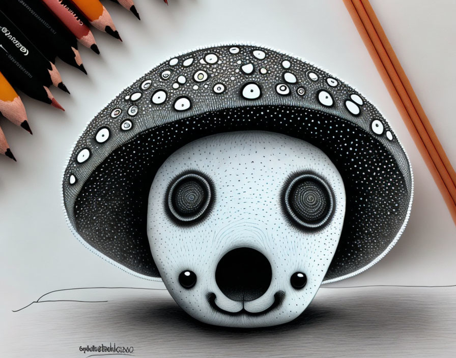 Whimsical dog drawing with large eyes and mushroom cap among pencils