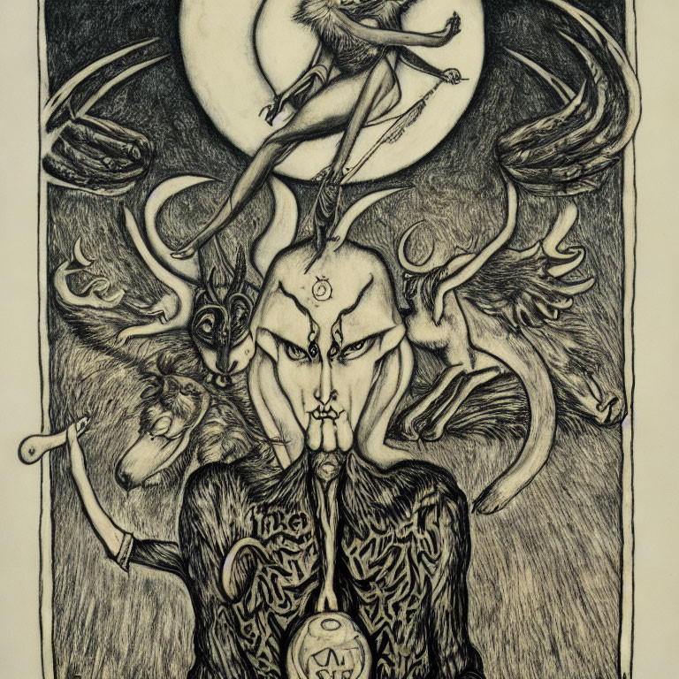 Detailed Illustration of Mystical Figure with Horn-like Protrusions and Occult Symbols Among Fantast