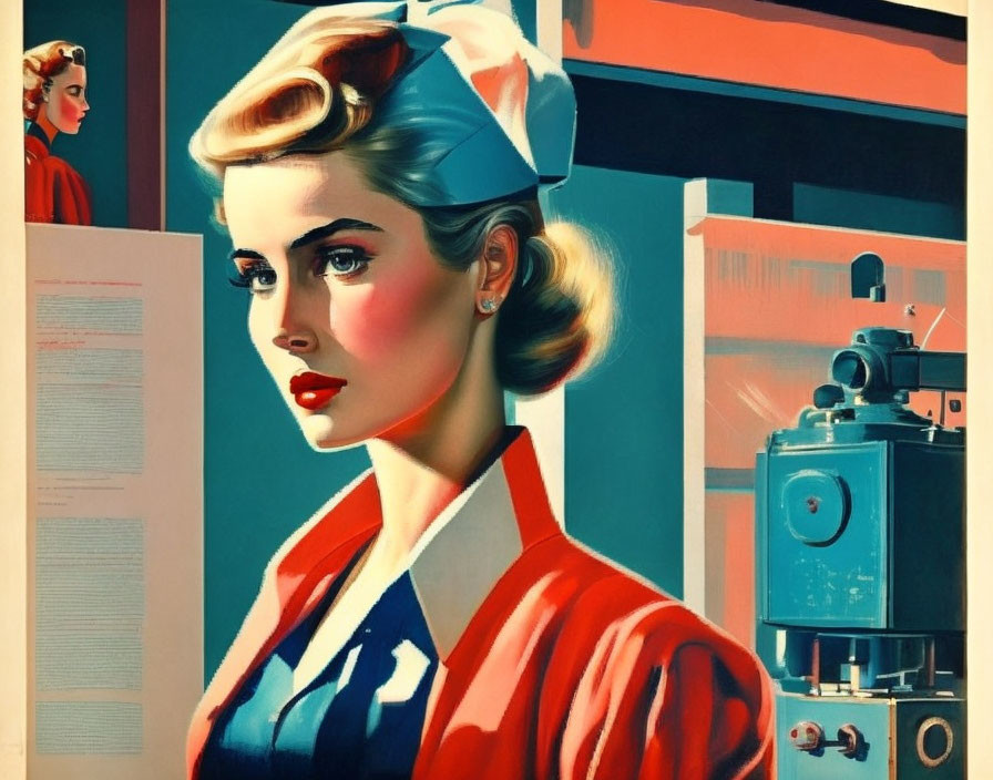 Vintage Style Blonde Woman in 1940s Factory Worker Uniform with Industrial Machinery