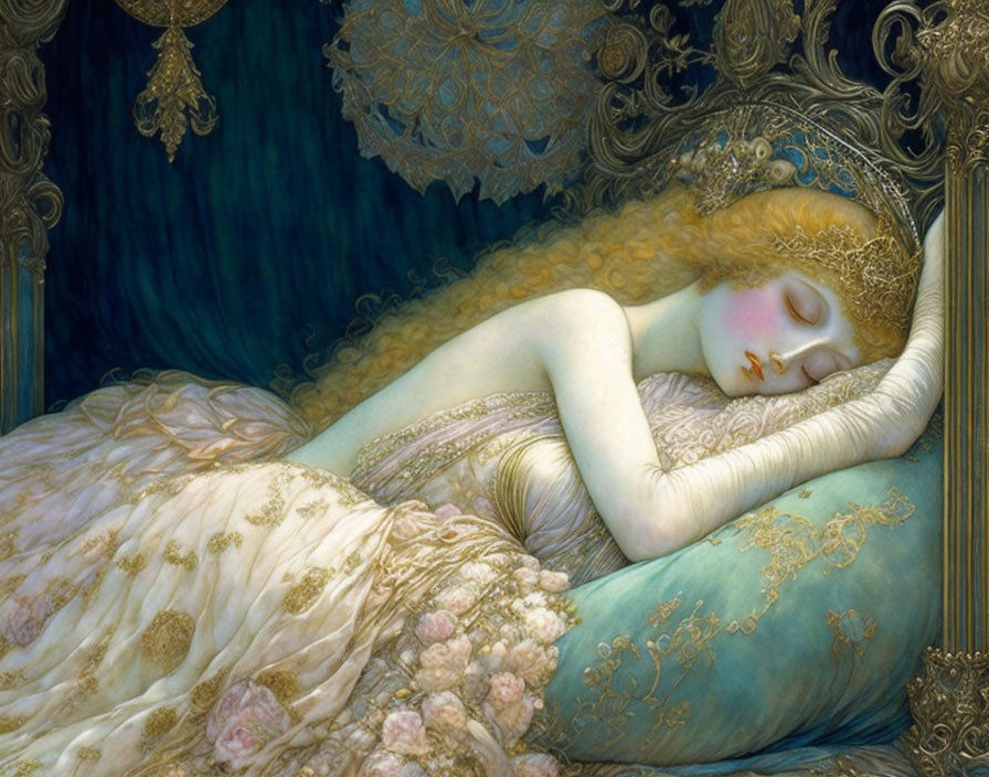 Serene painting of woman with golden hair asleep on ornate bed