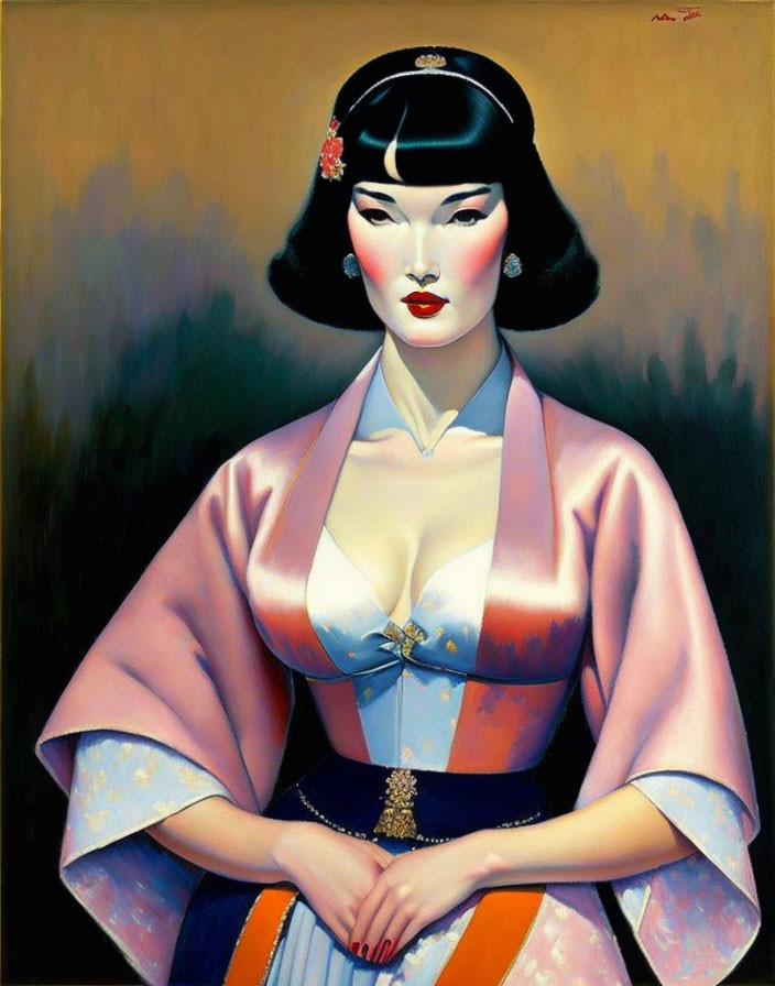 Stylized 1950s-inspired woman in kimono with flower and vibrant lipstick